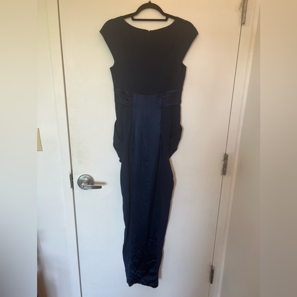 Catherine maladrino black tie dark blue gown with silk ruffle front w slit - Picture 4 of 5